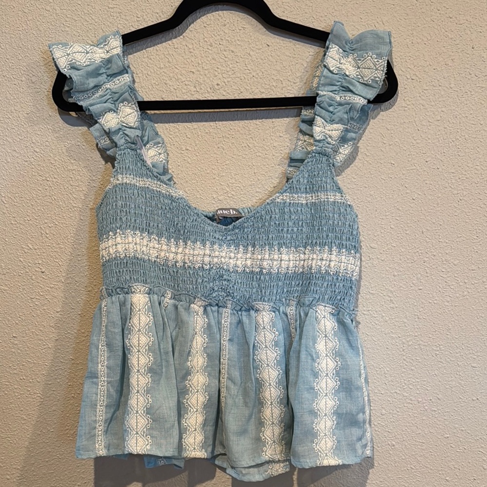 Blue B. Collection Blue and White Smocked Peplum Tank Top